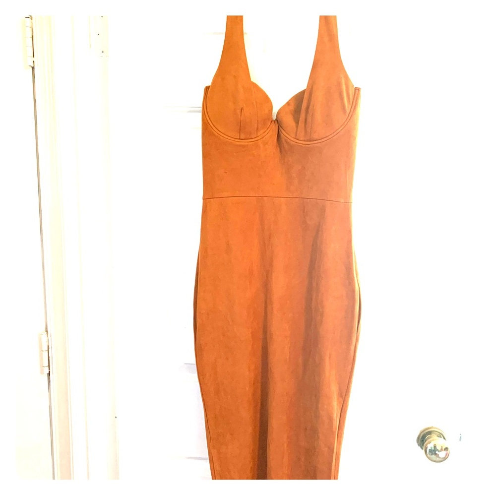 Chestnut brown halter suede midi dress